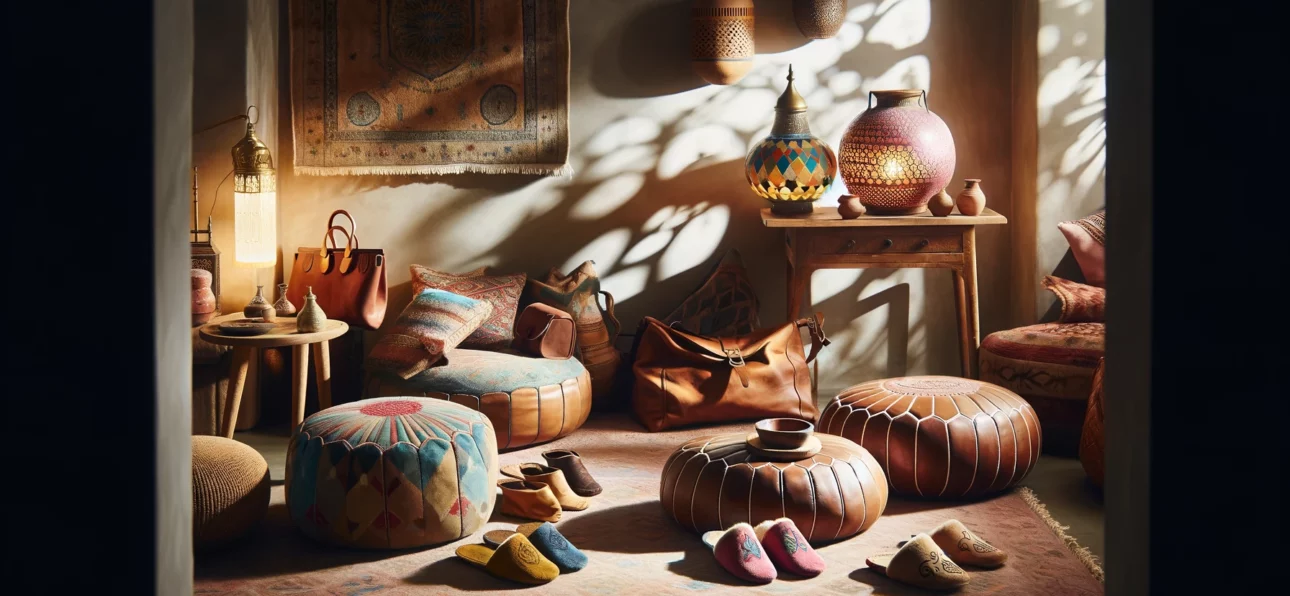 Inviting living room decorated with Moroccan artisanal products, including a plush rug, colorful leather poufs, Babouche slippers, a hand-painted ceramic vase, and leather bags, under the warm glow of a Moroccan lantern