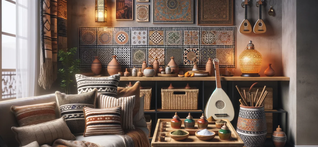 Cozy home interior showcasing Moroccan artisanal heritage with Zellige tiles, Berber textiles, hand-painted spice containers, traditional musical instruments, and a lantern casting intricate light patterns