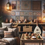 Cozy home interior showcasing Moroccan artisanal heritage with Zellige tiles, Berber textiles, hand-painted spice containers, traditional musical instruments, and a lantern casting intricate light patterns