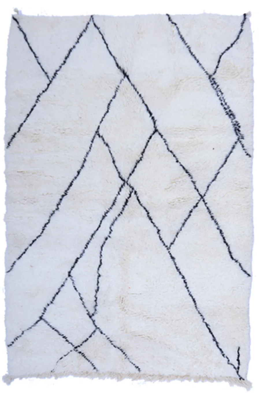 "Traditional Moroccan Beni Ourain wool rug with black and white geometric pattern"