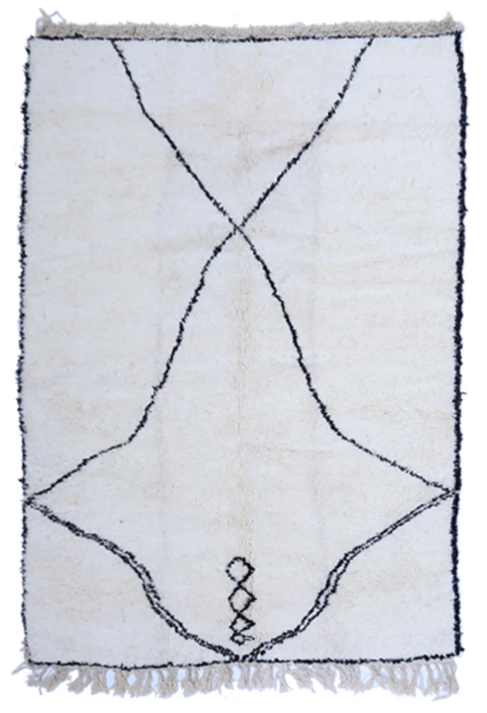 "Handwoven Moroccan Beni Ourain rug with distinctive star and geometric designs on a natural wool background"