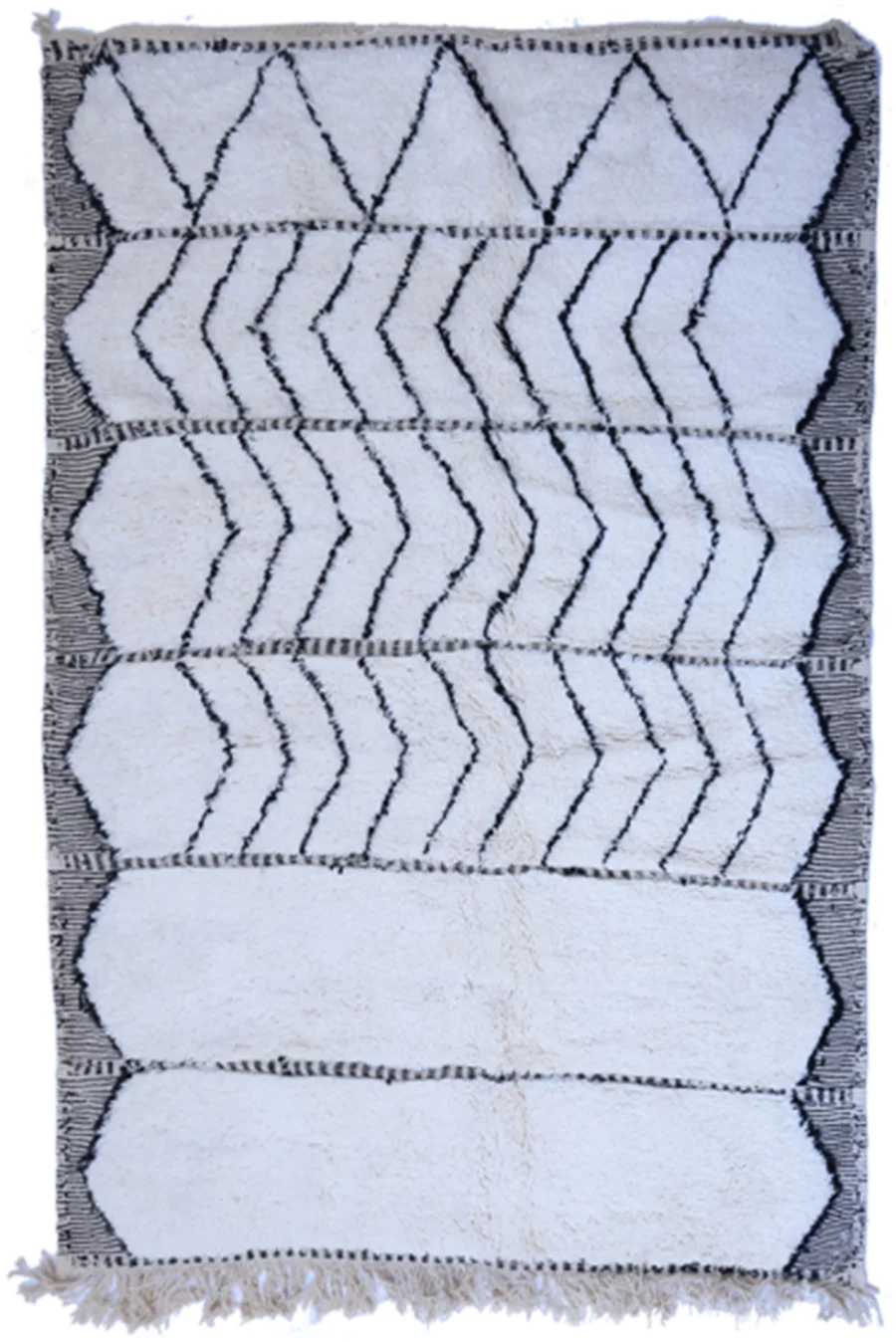 "Handcrafted Moroccan Beni Ourain wool rug with elegant monochrome stripes"